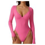 QINSEN Stretch Bodysuit for Women V Neck Seamed Cup Bodycon Long Sleeve T Shirt Tops Magenta M