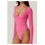 QINSEN Stretch Bodysuit for Women V Neck Seamed Cup Bodycon Long Sleeve T Shirt Tops Magenta M