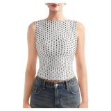 SUUKSESS Women Double Lined Sleeveless Going Out Basic Tank Tops Ruched Summer Casual T Shirts (Polka Dots, Large)