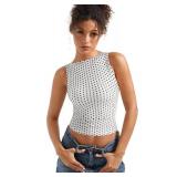 SUUKSESS Women Double Lined Sleeveless Going Out Basic Tank Tops Ruched Summer Casual T Shirts (Polka Dots, Large)