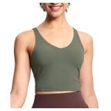 Womens Longline Sports Bra Wirefree Padded Medium Support Yoga Bras Gym Running Workout Tank Tops Olive Green, S