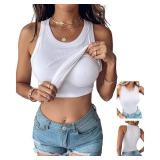 CHICME Women Built-in Bra Tank Tops Sleeveless Casual Shirts Racerback Ribbed Tank Tops White-M