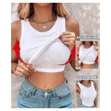 CHICME Women Built-in Bra Tank Tops Sleeveless Casual Shirts Racerback Ribbed Tank Tops White-M