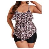B2prity Women Plus Size Tankini Swimsuits Tummy Control Two Piece Bathing Suit Ruffled Flounce Swimwear with Shorts(Leopard)