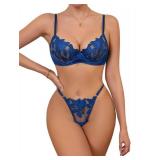 Lilosy Sexy Satin Mesh Floral Sheer Embroidered Underwire Lingerie Set 2 Piece Women Push Up See Through Matching Bra Panty Navy Blue Medium