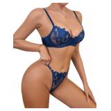 Lilosy Sexy Satin Mesh Floral Sheer Embroidered Underwire Lingerie Set 2 Piece Women Push Up See Through Matching Bra Panty Navy Blue Medium