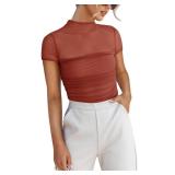 REORIA Sexy Bodysuits for Women Classic Mock Turtle Neck Short Sleeve Slim Fit Shirts Sheer Mesh Ruched Trendy Going Out Tops Cute Office Bodysuits Rusty Red Medium