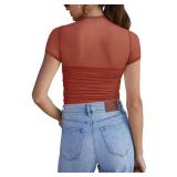 REORIA Sexy Bodysuits for Women Classic Mock Turtle Neck Short Sleeve Slim Fit Shirts Sheer Mesh Ruched Trendy Going Out Tops Cute Office Bodysuits Rusty Red Medium