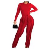 EDITCOZY Women Sexy Two Piece Outfits Fringe Pants Set Long Sleeve Club 2 Piece Sets Going Out Birthday Party Night Red L