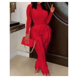 EDITCOZY Women Sexy Two Piece Outfits Fringe Pants Set Long Sleeve Club 2 Piece Sets Going Out Birthday Party Night Red L