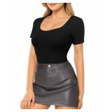 MANGOPOP Double Lined Short Sleeve Bodysuits for Women Scoop Neck Thong Bodysuit Tops Seamless, M