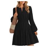 ZESICA Long Sleeve V Neck Mini Dresses for Women 2026 Spring High Waist Ruffle Pleated A Line Cocktail Party Short Dress Black Small