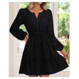 ZESICA Long Sleeve V Neck Mini Dresses for Women 2026 Spring High Waist Ruffle Pleated A Line Cocktail Party Short Dress Black Small
