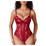 Avidlove Sexy Lingerie for Women Lace Teddy Bodysuit Deep V Cut Out Babydoll One Piece lingerie Wine Red Large