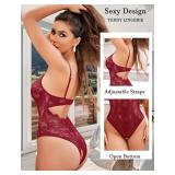 Avidlove Sexy Lingerie for Women Lace Teddy Bodysuit Deep V Cut Out Babydoll One Piece lingerie Wine Red Large