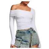REORIA Womens Crop Tops Long Sleeve Crop Tops Mesh Off The Shoulder Top Valentine Shirts for Women White Large