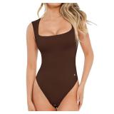 Popilush Bodysuits for Women - Dark Brown Sleeveless Square Neck Thong Bodysuit Tummy Control Going Out Double Lined Corset Tops, 3XL