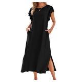 Zilcremo Women Summer Casual Ruffle Sleeve Loose Sundress Round Neck Split Long Maxi Beach Dress with Pockets Black L