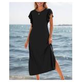 Zilcremo Women Summer Casual Ruffle Sleeve Loose Sundress Round Neck Split Long Maxi Beach Dress with Pockets Black L
