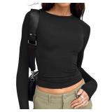 Trendy Queen Womens Long Sleeve T Shirts Fall Fashion 2025 Basic Crop Tops Going Out Workout Outfits Y2k Clothes Black XL