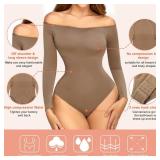 Hioffer Women Off Shoulder Long Sleeve Bodysuit Tummy Control Shapewear Seamless Body Shaper Jumpsuit Tops, S