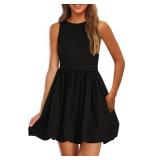 PRETTYGARDEN Summer Dresses for Women 2025 Casual Sleeveless Tank Mini Short Dress Crew Neck Bubble Sundress with Pockets (Black,Medium)
