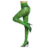 Sexy High Waist Tight Sparkle Rhinestone Fishnets Tights Party Crystal Mesh Stockings (Large, Green)