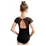 Babene Girls Black Mesh Leotard for Dance Short Sleeve Ballet Outfit, Hollow Back, Waist splicing(ZF257141-06-XL)