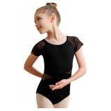 Babene Girls Black Mesh Leotard for Dance Short Sleeve Ballet Outfit, Hollow Back, Waist splicing(ZF257141-06-XL)