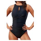 Tempt Me Women Black One Piece Swimsuits Tummy Control Bathing Suits High Neck Cutout Twist Front Swimwear XL