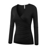 Beauhuty Womens Fitted Shirts Deep V Neck Ruched Tops Front Surplice Wrap T-Shirt Long Sleeve Tees (S, Long-Black)