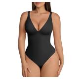FeelinGirl Body Suits for Women Tummy Control Shapewear Bodysuits for Going Out Deep V Neck Thong Body Shaper, Black, S