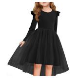 Haloumoning Girls Tutu Dresses Kids Cute Tulle Fall Ruffle Long Sleeve High Low Hem Dress 7 Years Black