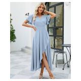 Formal Dresses for Women,Gowns Evening Party Cocktail Dress,Long Split Elegant V Neck Wrap Ruffle Wedding Guest A-line Dresses Aqua Blue-L