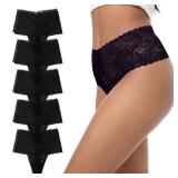 GAREDOB High Waisted Lace Thong Full Coverage Soft Tangas Tropical Plants Lace Thongs Black-5Pack M