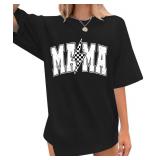 Womens Mama Shirt Cute Mom Life Tshirts Trendy Mama Letter Print Shirts Casual Short Sleeve Tops Black, S