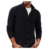 PJ PAUL JONES Cardigan Sweaters for Men Button Up Sweater Cable Knitted Warm Black Sweater, L