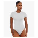 SINOPHANT Bodysuits for Women - Short Sleeve Round Neck Body Suit Stretchy Basic T Shirt Tops White