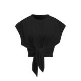 Zucige Womens Solid Ruched Tie Front T Shirt Summer Basic Tee Shirts Cap Sleeve Crop Tops Outfits(Black-XL)