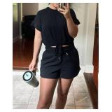 Zucige Womens Solid Ruched Tie Front T Shirt Summer Basic Tee Shirts Cap Sleeve Crop Tops Outfits(Black-XL)