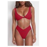 Womens High Waisted Bathing Suits 2 Piece Double Shoulder Knot Front Push Up Cheeky Brazilian Cut Thong Bikini Swimsuit Set Red M