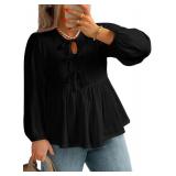 AlvaQ Plus Size Women Blouses Tie Front Tops Fashion Outifts Puff Sleeve Crewneck Hollow Out Flowy Ruffle Hem Blouse Shirt,Black 3X