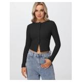 Matunana Womens Fall Long Sleeve Tops Lightweight Cardigan Cropped Sweaters Crop Going Out Shirts Ribbed Button Down Cute Y2k Trendy Outfits Fashin Clothes 2025 Black M