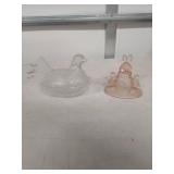 Glass Hen on Nest and Pink Bunny Figurine Set