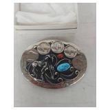 Native American End of the Trail / Buffalo Nickel Belt Buckle with Turquoise and Coral