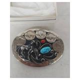 Native American End of the Trail / Buffalo Nickel Belt Buckle with Turquoise and Coral