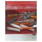 Red Metal Toolbox with Mixed Tools