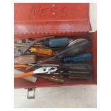 Red Metal Toolbox with Mixed Tools