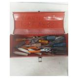 Red Metal Toolbox with Mixed Tools