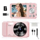 64MP 4K Digital Camera, Hoestr 18X Zoom Autofocus Point and Shoot Compact Camera with 64GB TF Card, Flash, 2.8 LCD Screen for Teens Gifts Adult Beginner Travel Photography Vlogging (Pink)